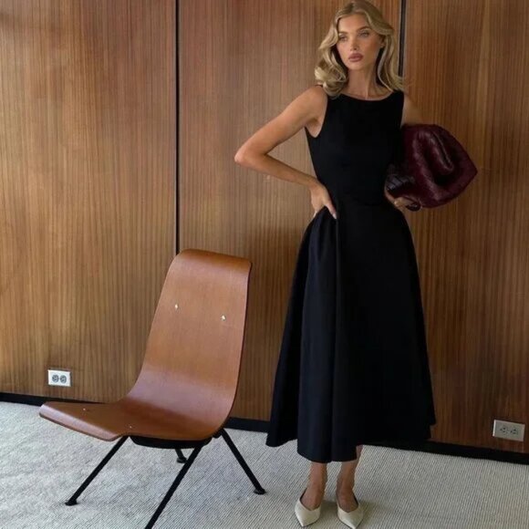 NWOT BEST Helsa Stretch Cotton Sateen Midi Dress - True Black Cocktail Party - Picture 3 of 11